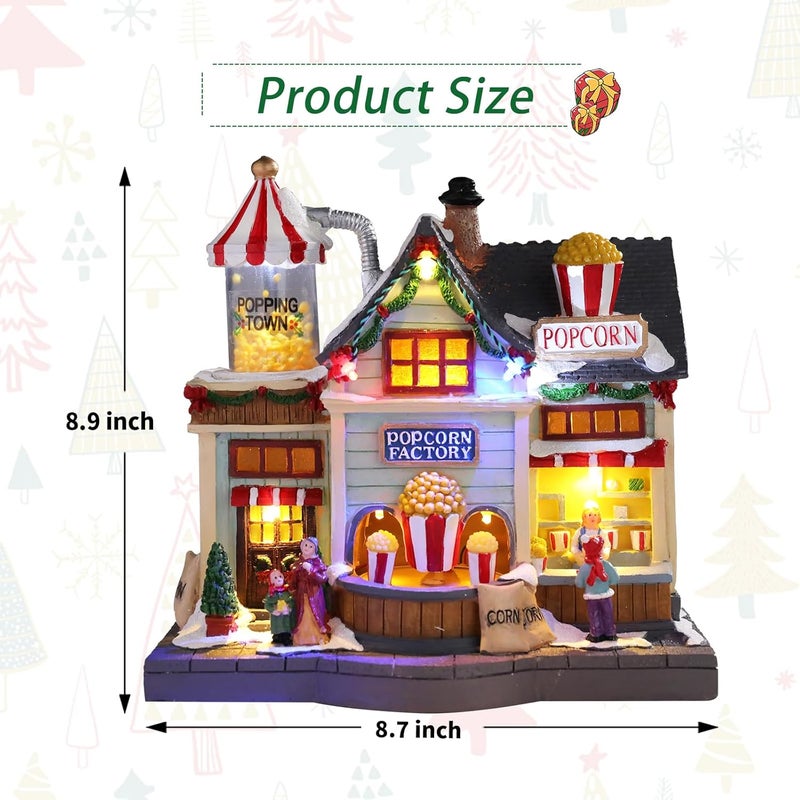 CHONSUN Christmas Village 8.7 Inch Popcorn Shop with LED Lights Resin Village Houses Holiday Music with USB/3AA Batteries Rendering Atmosphere Christmas Decorations - Image 2